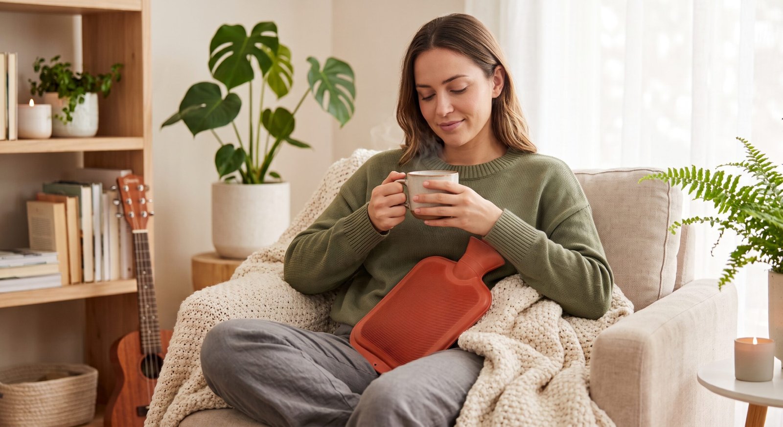 Femme détendue avec une bouillotte pour retrouver un confort menstruel naturel.