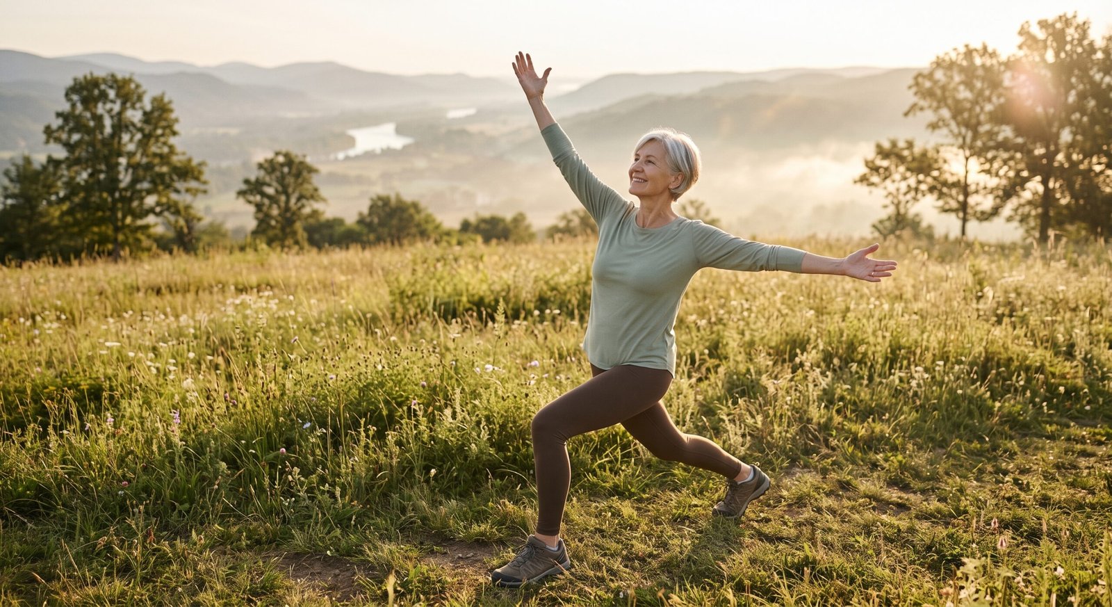 Femme âgée et souriante s'étirant avec vitalité dans un champ de fleurs sauvages au lever du soleil, illustrant une solution naturelle pour soulager les douleurs rhumatismes et retrouver son confort articulaire.
