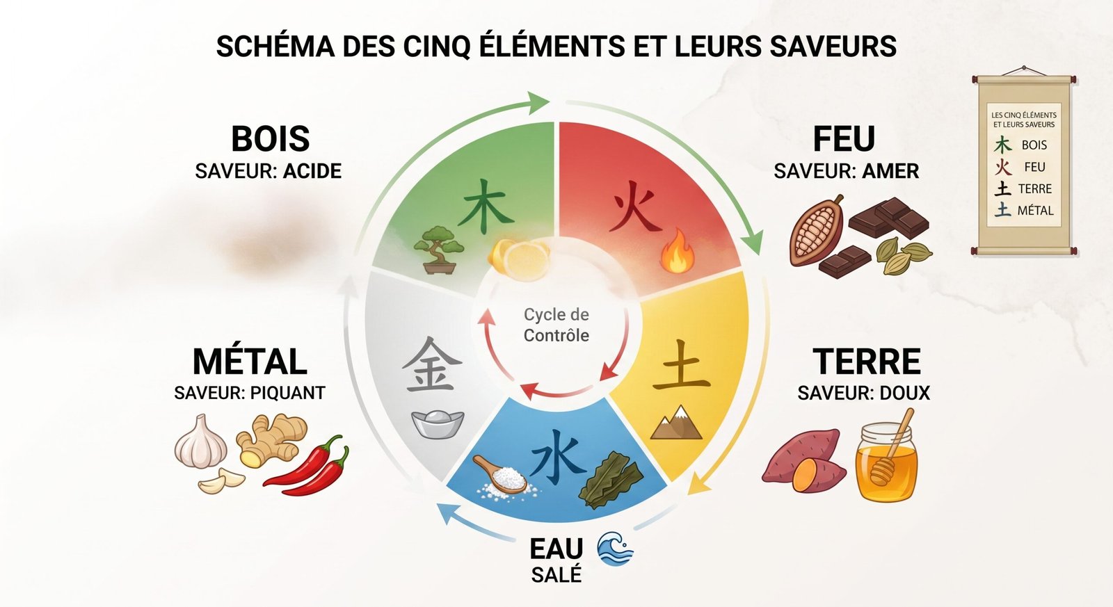 Un schéma infographique de la dietetique chinoise des 5 elements plat décomposant la structure et la mise en page d'un article WordPress. La partie gauche montre la situation actuelle d'un bug visuel de superposition entre le Header, le titre automatique du thème, le titre manuel de l'éditeur et le corps du texte. La partie droite propose deux options de correction : un titre du thème unique ou un titre manuel unique, pour une structure propre. Des encadrés détaillent le problème de double insertion de titre et les résolutions clés (image feature, cache du titre).
