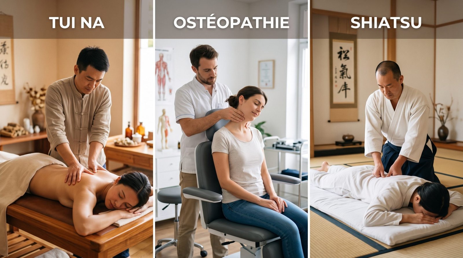Illustration de la différence ostéopathie shiatsu tui na avec trois praticiens en séance.