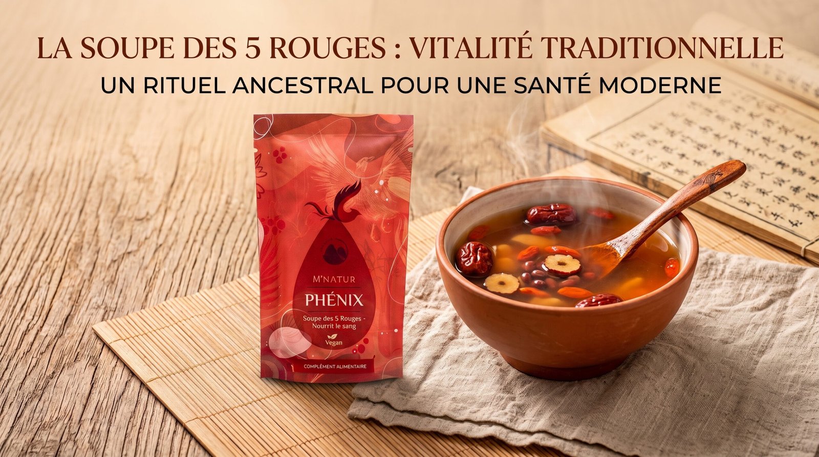 `Image de couverture pour l'article : La Soupe des 5 Rouges, vitalité traditionnelle. Sachet PHÉNIX M'Natur entouré de ses ingrédients séchés et d'une bolée de soupe préparée.