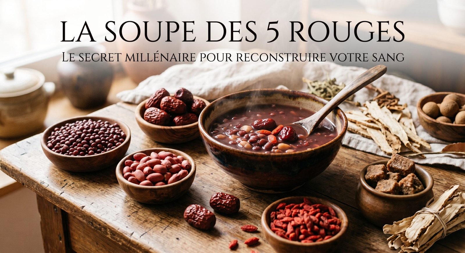 Couverture de l'article : La Soupe des 5 Rouges, vitalité millénaire. Composition culinaire avec bol de soupe, haricots Azuki, jujubes, cacahuètes et baies de Goji.
