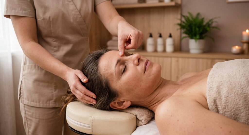 Gros plan sur une masseuse en uniforme beige effectuant une pression de massage tui naavec son index sur le point Yin Tang (entre les sourcils) d'une femme d'âge mûr allongée sur une table de massage, les yeux fermés. La scène se déroule dans un cabinet de soin chaleureux avec des bougies allumées, des serviettes pliées et des bouteilles de produits en arrière-plan, illustrant une séance de digitopuncture pour favoriser la relaxation et la réduction du stress.