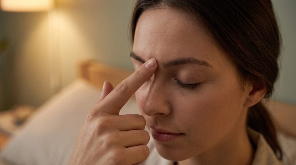 Femme massant le point d'acupression Yin Tang entre les sourcils pour apaiser l'esprit et soulager la difficulté d'endormissement.