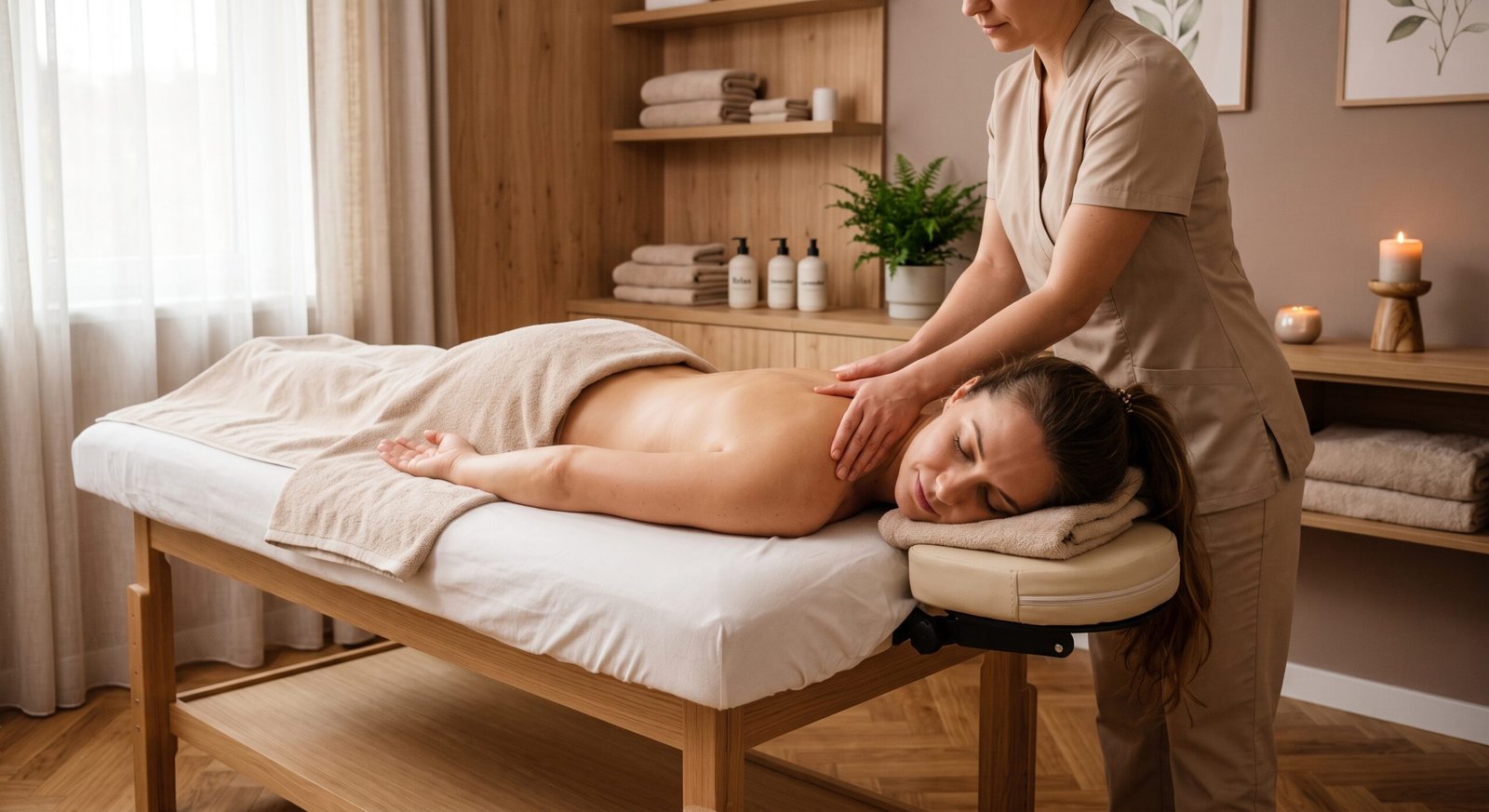 Femme détendue recevant un massage tui na stress dans un cabinet chaleureux.