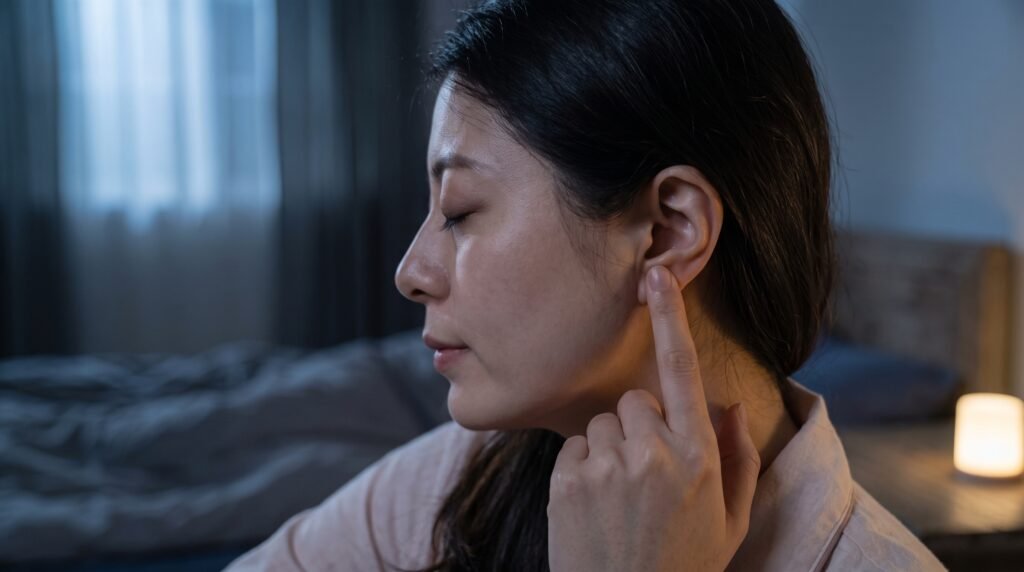 Femme massant le point d'acupression An Mian derrière l'oreille pour se rendormir suite à un réveil nocturne