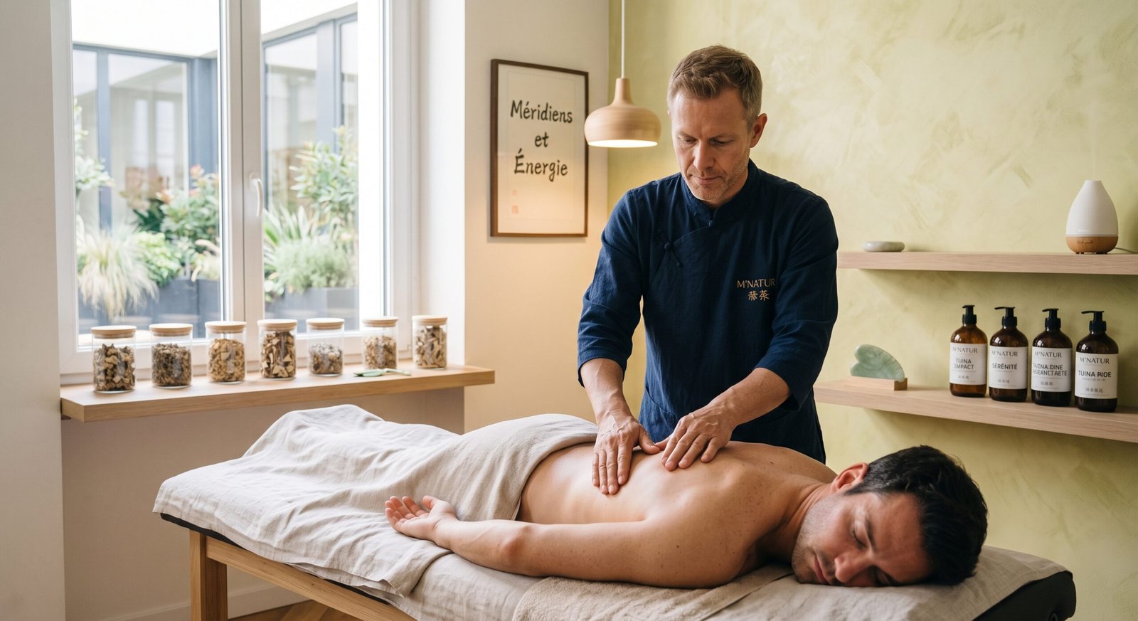 Un praticien occidental réalisant un massage Tui Na sur le dos d'un patient dans un cabinet moderne de Médecine Traditionnelle Chinoise. Les huiles de soin M'Natur sont visibles en arrière-plan.