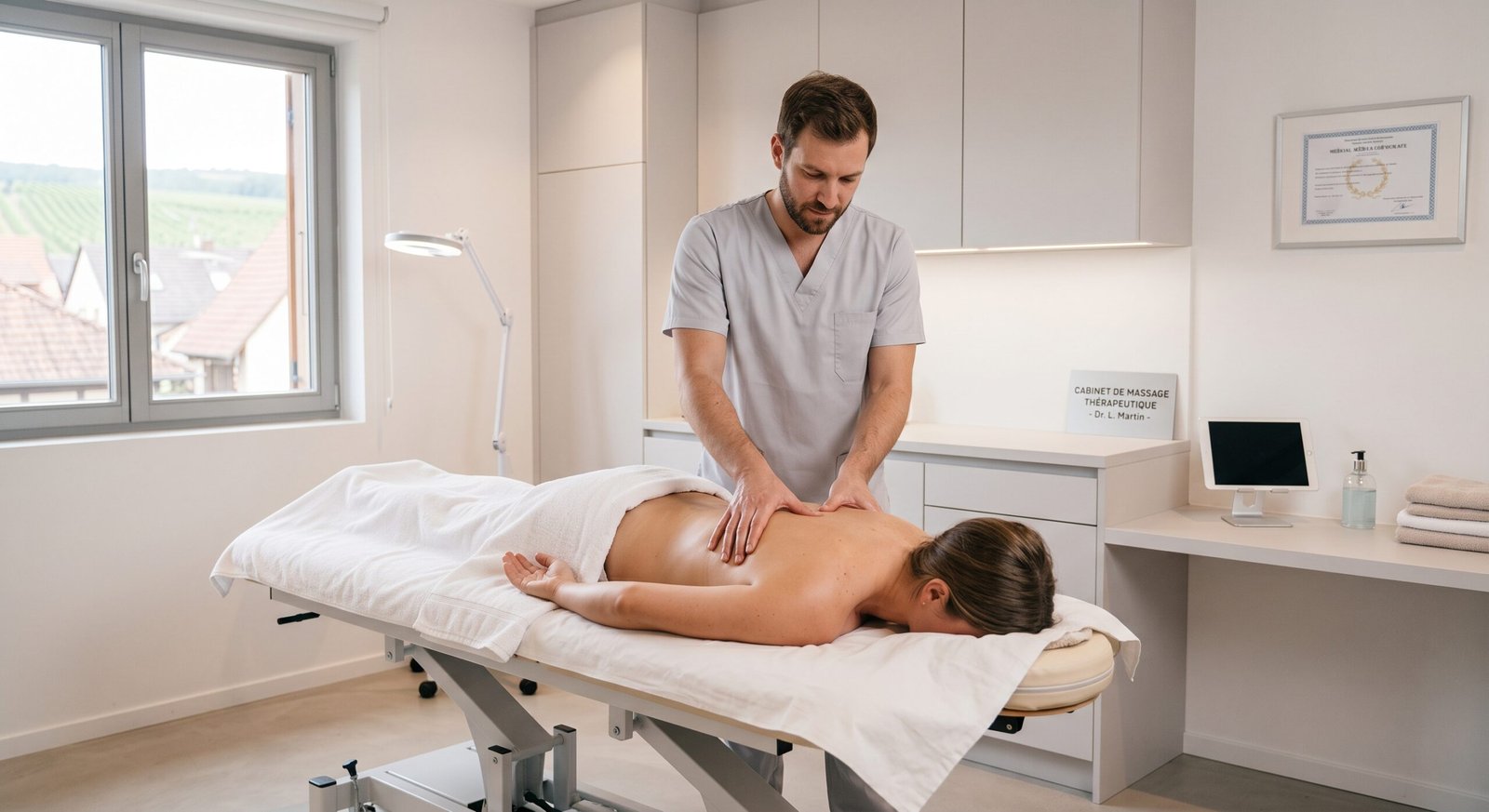 Praticien effectuant un massage profond du dos dans un cabinet moderne et lumineux, illustrant ce que soigne le massage tui na.