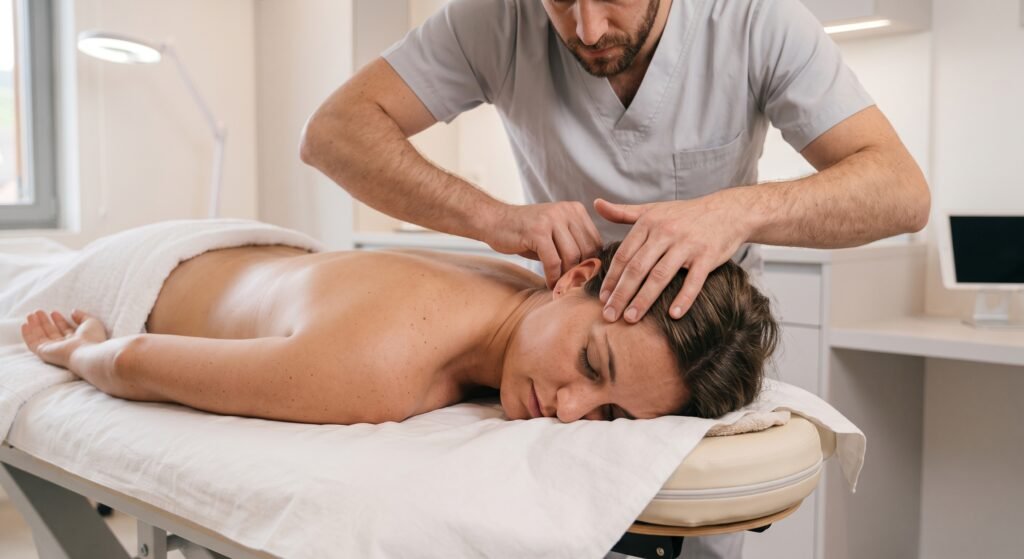 Gros plan sur un praticien effectuant un massage de la nuque et du crâne sur une femme allongée, illustrant ce que soigne le massage tui na pour soulager le stress et les maux de tête.