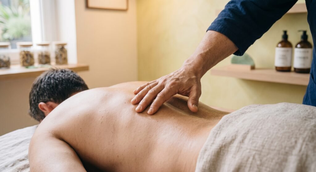 Gros plan sur la main d'un praticien réalisant la technique Rou Fa (pétrissage) sur le dos d'un patient pour dissiper les blocages énergétiques en médecine traditionnelle chinoise.